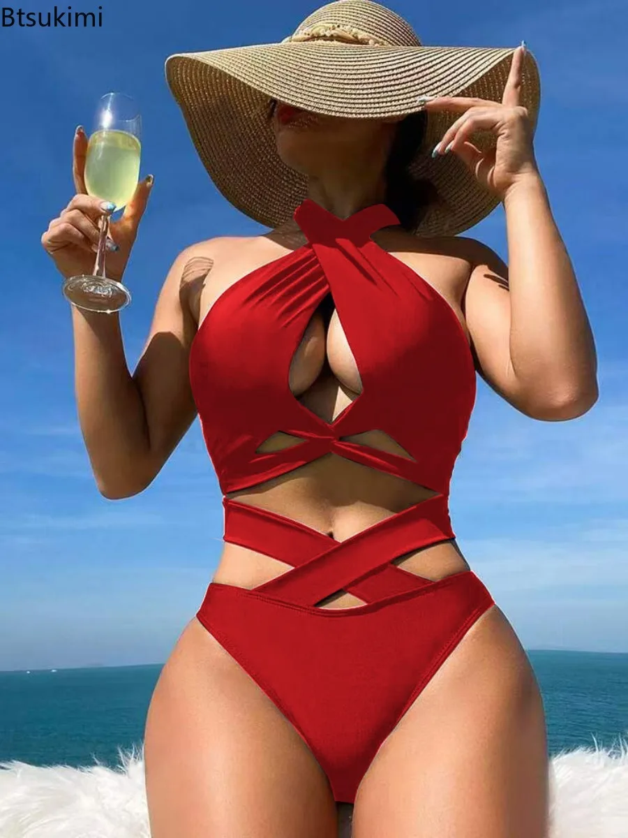 New 2025 Hollow One Piece Swimsuit Sexy Swimwear Women Off The Shoulder Swimsuit Halter Swim Suit Solid Print Beach Wear Female