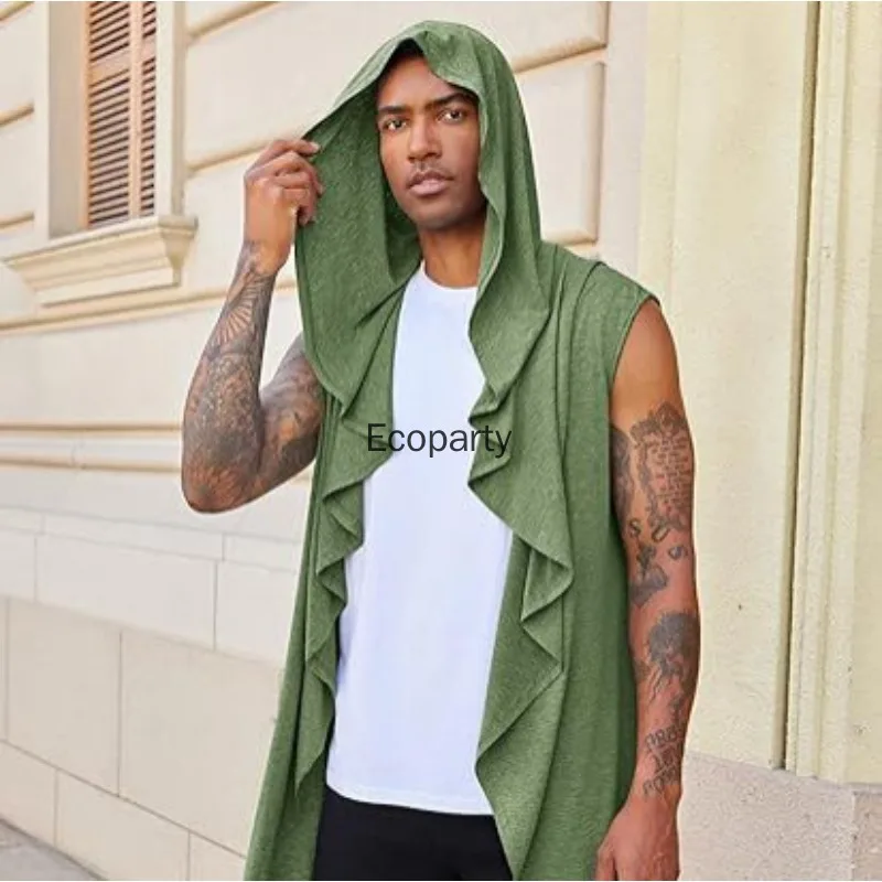 New Men's Hip Hop Punk Long Vest Jacket Solid Color Linen Sleeveless Hoodie Cardigan Cape Male Gothic Streetwear Singer Costume