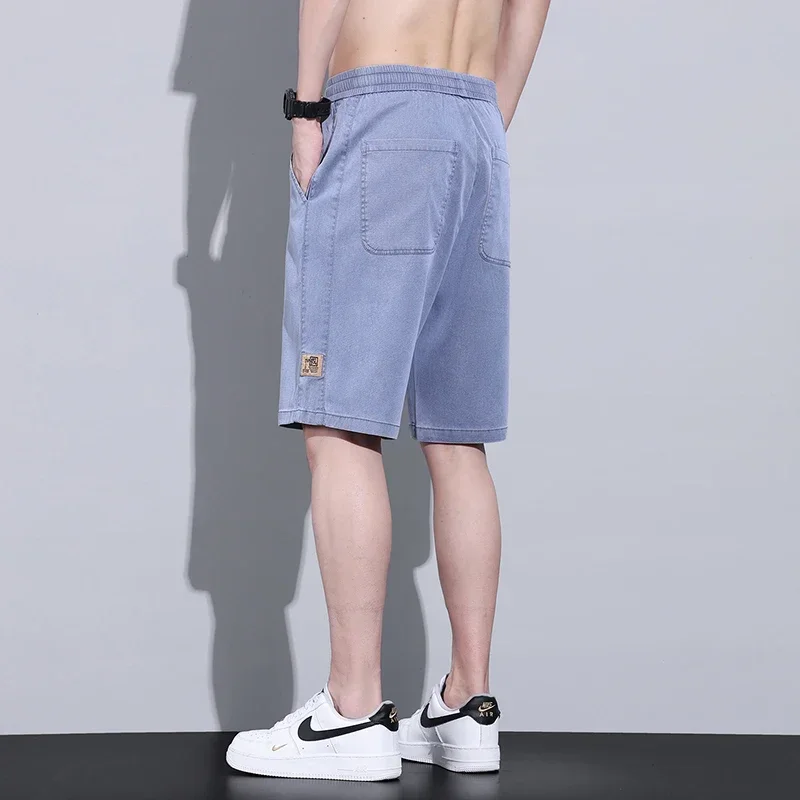 Soft Cosy Lyocell Thin Men\'s Denim Shorts Summer Clothes Loose Pants Drawstring Elastic Waist Korea Casual Short Plus Size M-5XL