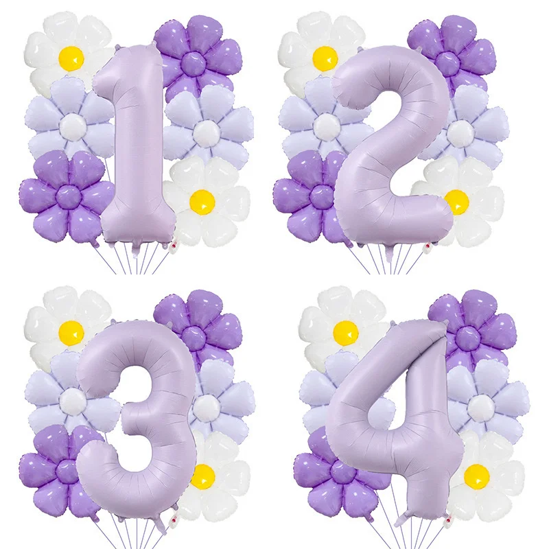7 unids/set 40 pulgadas Marca púrpura Digital Margarita globo conjunto flor papel de aluminio globo para cumpleaños ducha decoración de aniversario