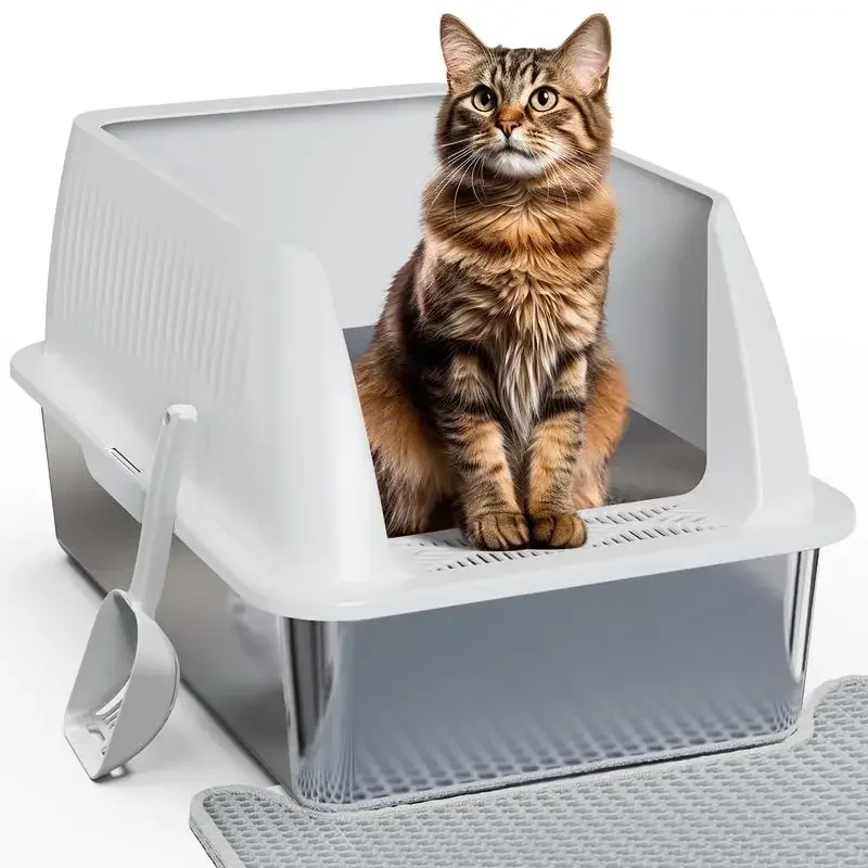 

Petterm Stainless Steel Cat Litter Box with Scoop & Mat, Large Enclosed Litter Box with Lid, Non-Sticky, Anti-Leak, High-Walled