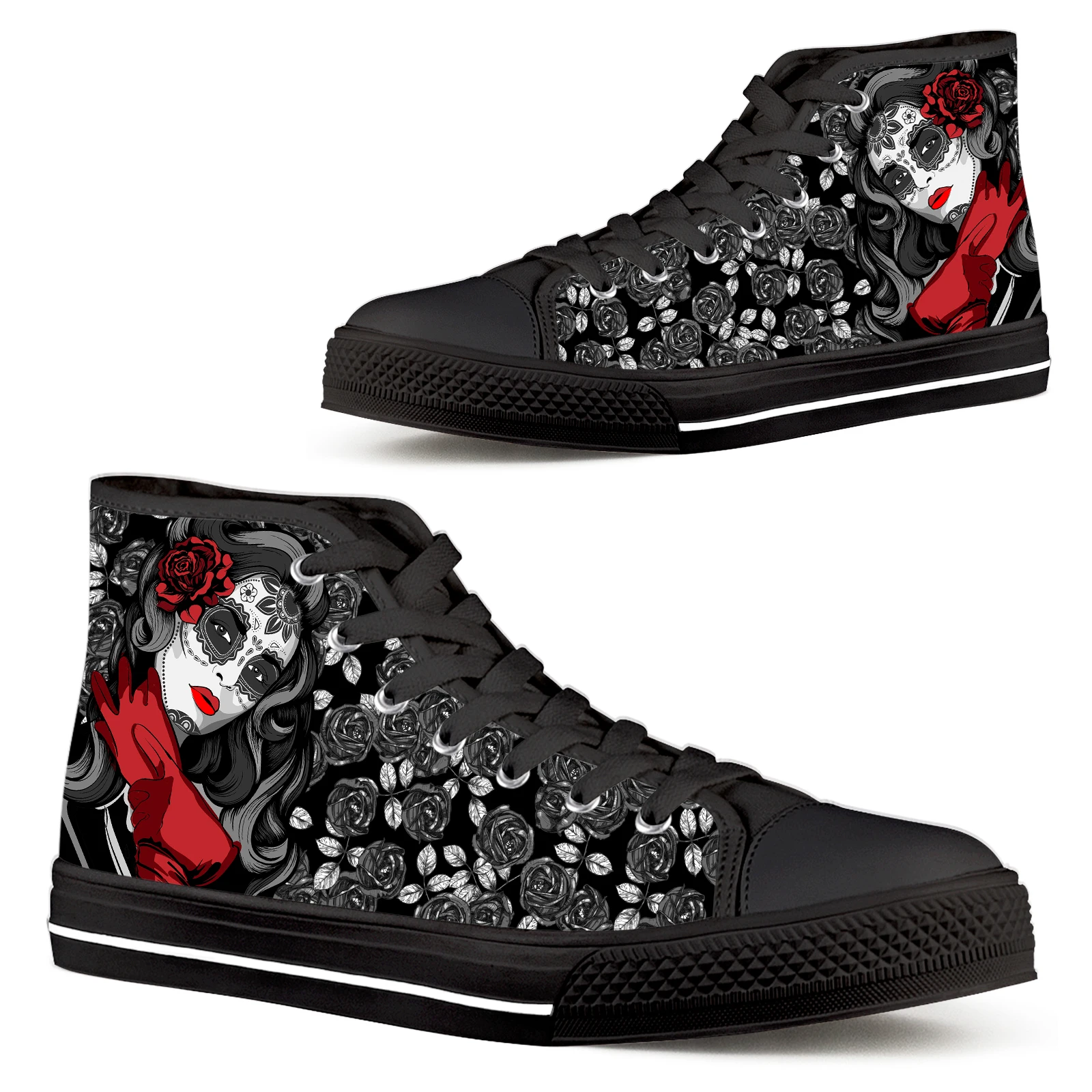 

ELVISWORDS Black Lace Up Women's Shoes Sugar Skull Girls Casual Canvas Shoes Mexican Day Of The Dead Skull Rose 3D Printed Shoes