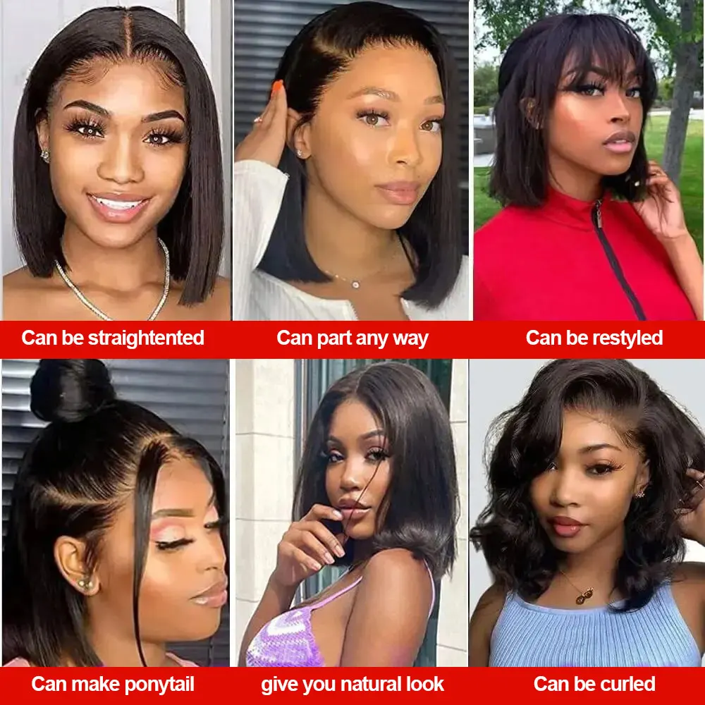 شعر مستعار قصير مستقيم ، شعر مستعار بدون لاصق ، شعر بشري منتوف مسبقًا ، إغلاق دانتيل ، جاهز للارتداء ، شعر مستعار بدانتيل أمامي 13 × 4 ، شعر بشري ، 7x5