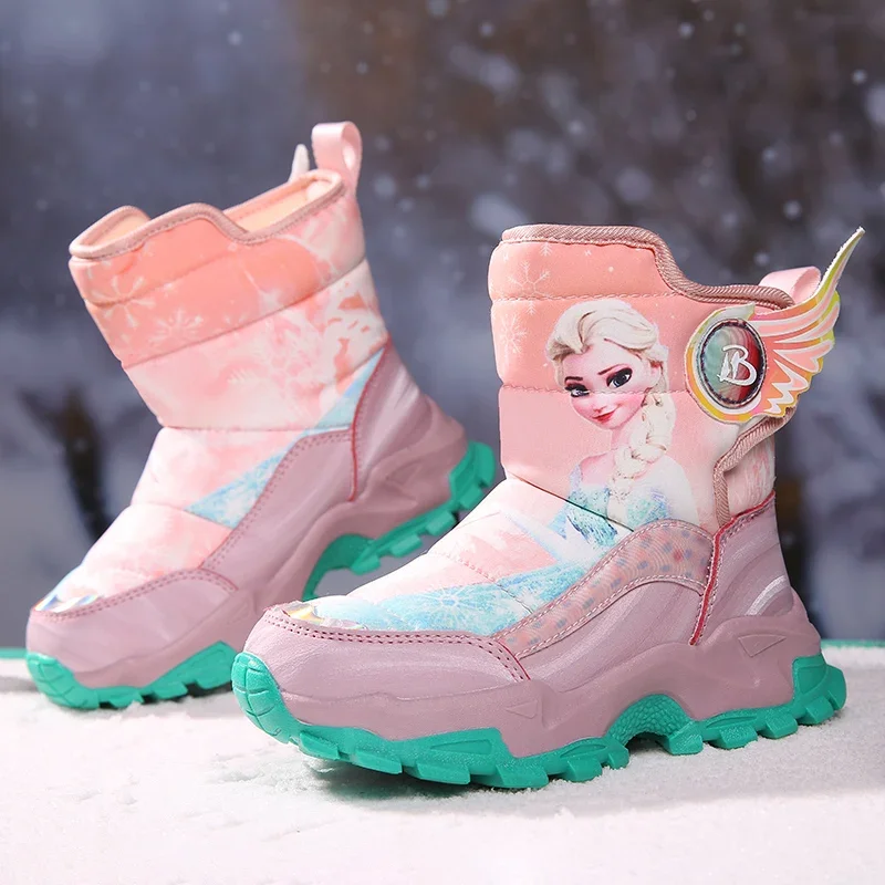 Sepatu Anak-anak Musim Dingin Putri Disney Elsa Sepatu Anak Perempuan Anti-selip Kain Mewah Sepatu Bot Salju Sol Karet Sepatu Bot Luar Ruangan Hangat Modis