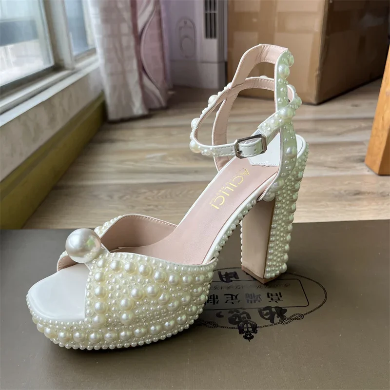 Fully Handmade Pearl Thick Heeled Fish Mouth Sandals Wedding Bride Banquet Fashion Waterproof Platform High Heel Women\'s Shoes