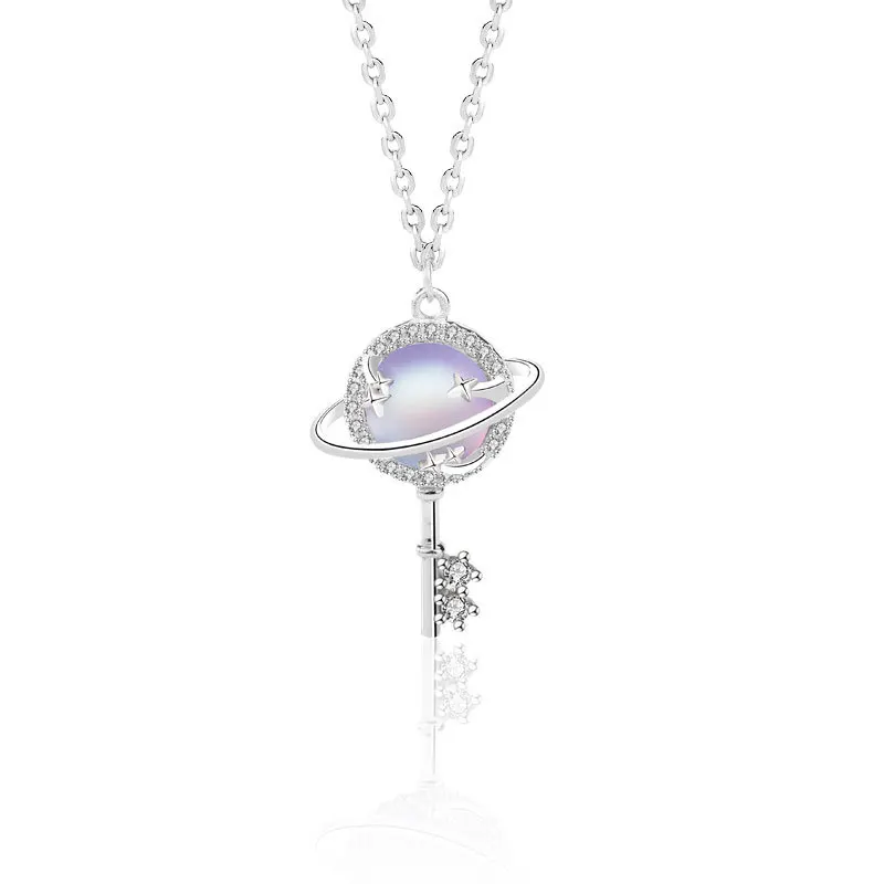 S925 Pure Silver Planet Necklace, Moonstone Pendant, Collarbone Chain