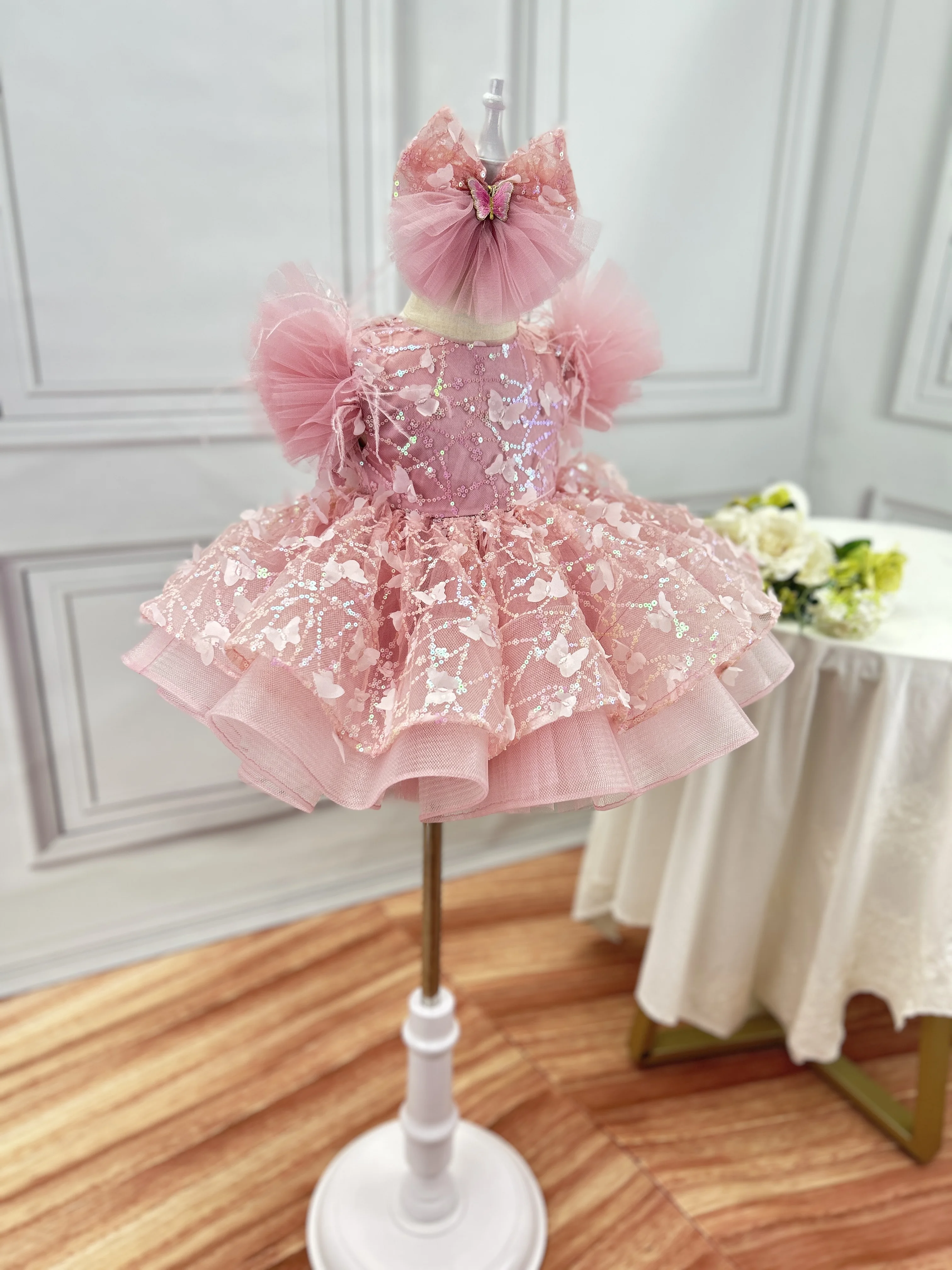 Red butterfly sequins Girl's Birthday Party Dress Bow Sequin Kids Flower First Communion Dress Bridesmaid Wedding Dress