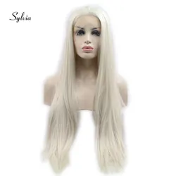 Sylvia Long Silky Straight Blonde Wigs Synthetic Lace Front Wigs 60#White Blonde Hair Heat Resistant Long Hair Wigs For Women