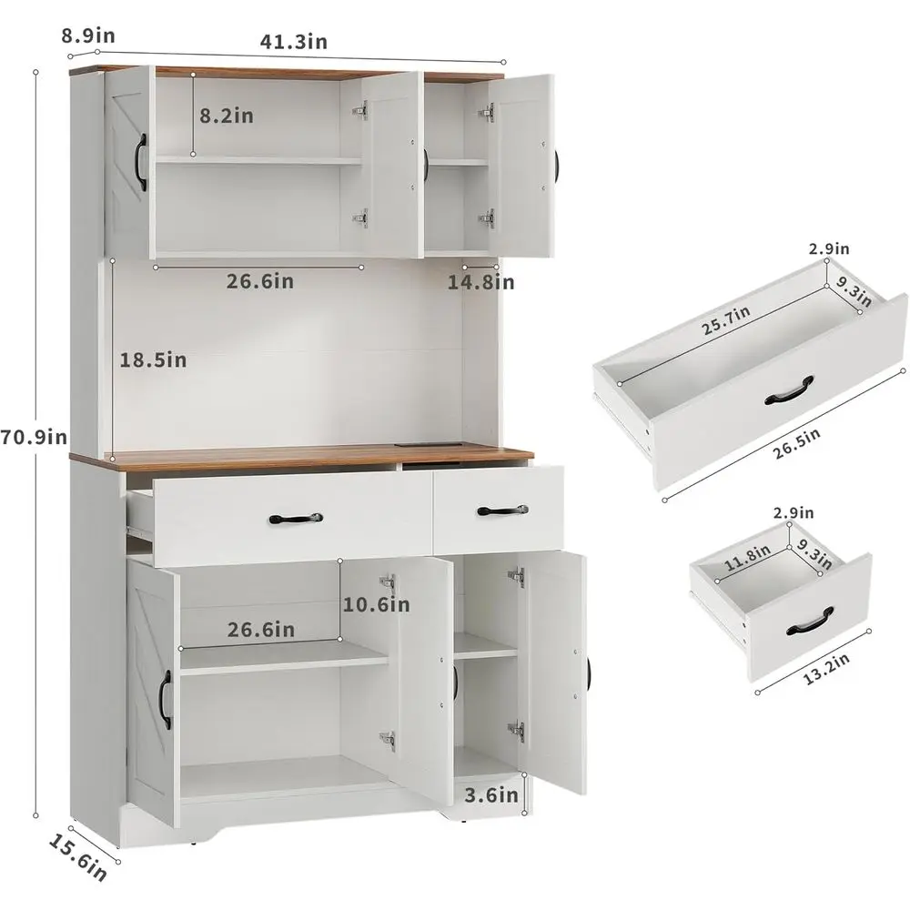 خزانة مطبخ بيضاء على طراز المزرعة مع أدراج وأرفف أبواب وأرفف قابلة للتعديل، بما في ذلك رفًا واحدًا في الميكروويف