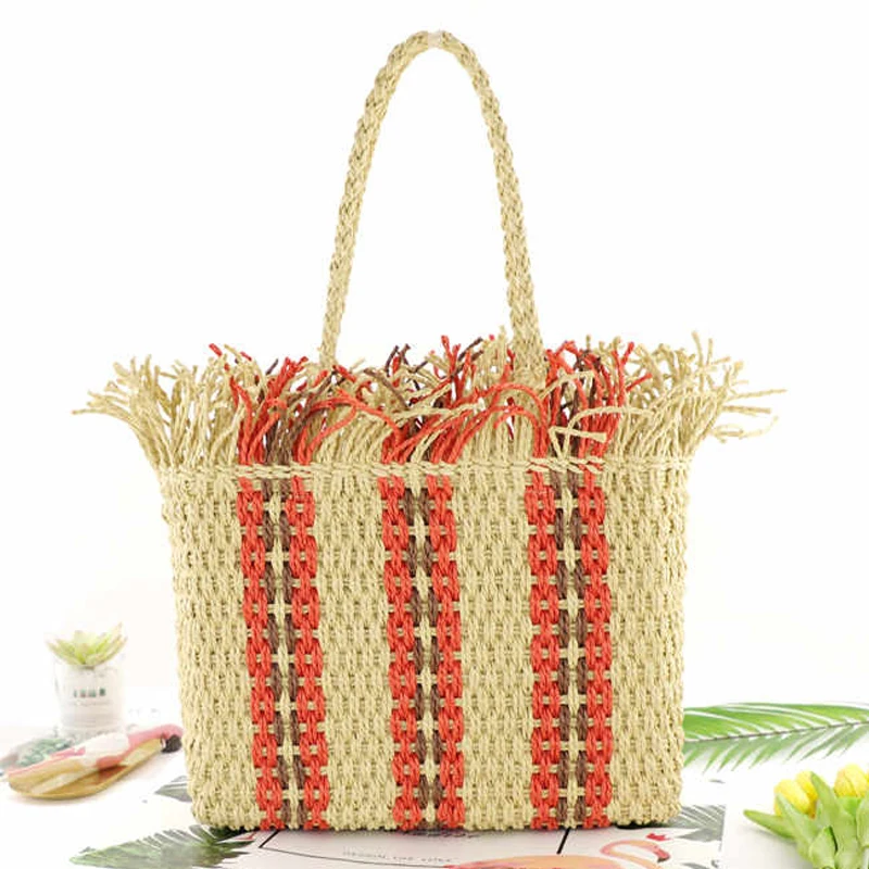 Beach Tote Bohemia Striped Tassel Straw Bag Woven Women Handbag Women Shoulder Bag Large Capacity Paper Rope Boho Women's Bag