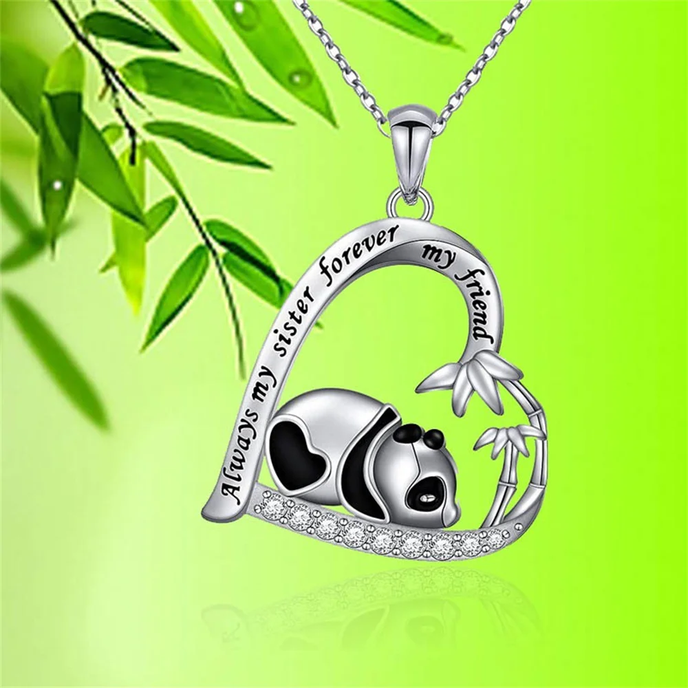 New Cute Panda Heart Pendant Necklace for Women Men Lovely Animal Bear Hollow Love Charm Sweater Chain Friendship DIY Jewelry
