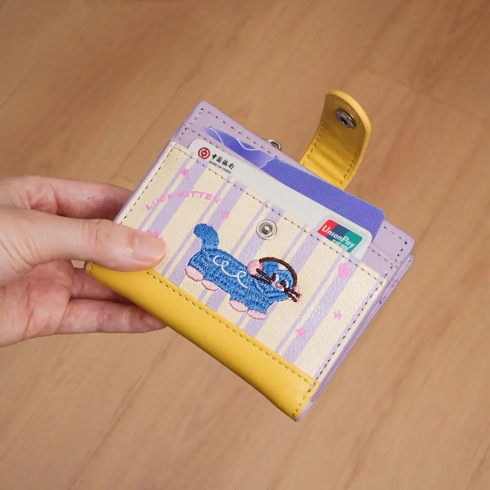 

Retro Korean Style Embroidery Cat Wallet Purse Cartoon Coin Pouch Short Clutch Card Holder Card Bag Women