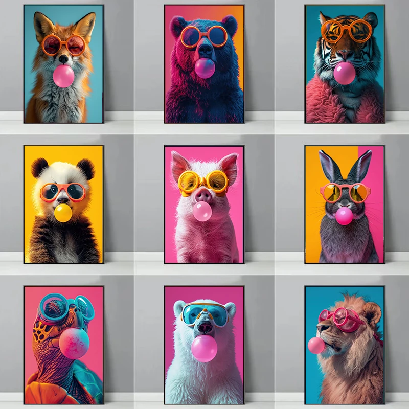 Póster de león, tigre, cebra, chicle que sopla, pintura en lienzo colorida, imagen impresa de Animal para decoración del hogar y la sala de estar, Cuadros