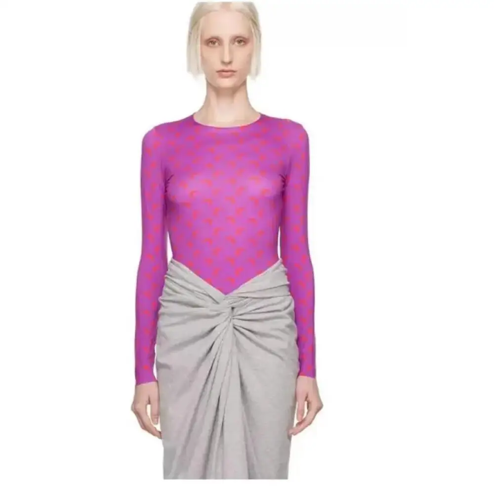 Korean Fashion Tops Women Autumn Long Sleeve Shirt Purple Moon Pattern Sweet Elastic Slim Fit Ice Silk Sunscreen Versatile Tee