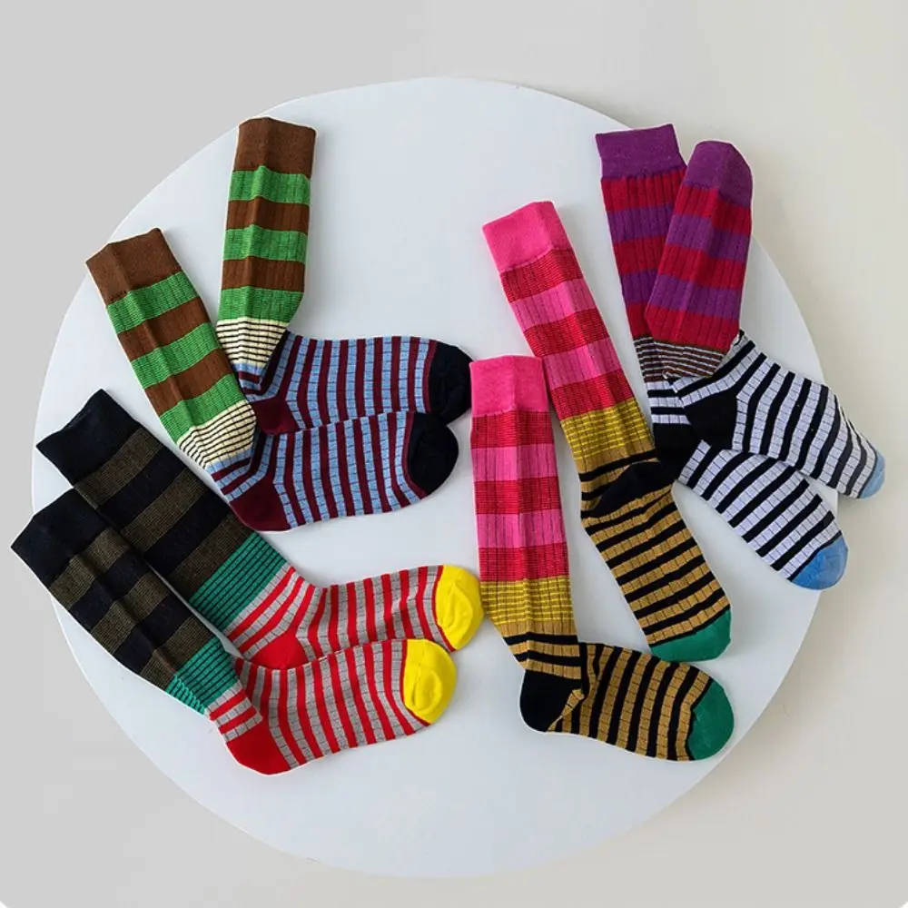 4pairs Patchwork Colorful Striped Calf Socks Absorb Sweat Japanese Style Striped Long Socks Breathable Slim Retro Pile Socks