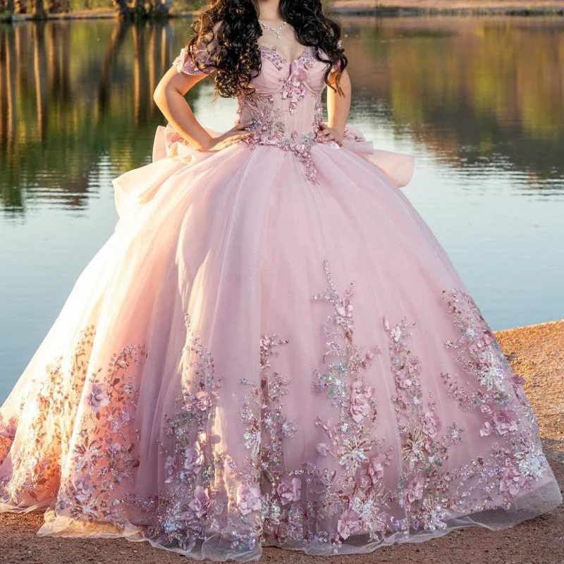 

Luxury Pink Ball Gown Quinceanera Dresses Appliques Beading Flower Off Shoulder Sweet 16 Dress Lace-up Vestidos De 15 Anos