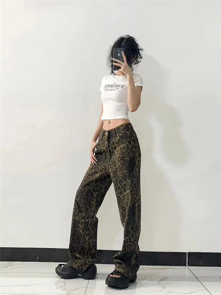 

American Vibe Leopard Print Wide Leg Jeans Women's Long 175 Tall Extra Long 180 Floor-Length Pants High Waist Washed Denim