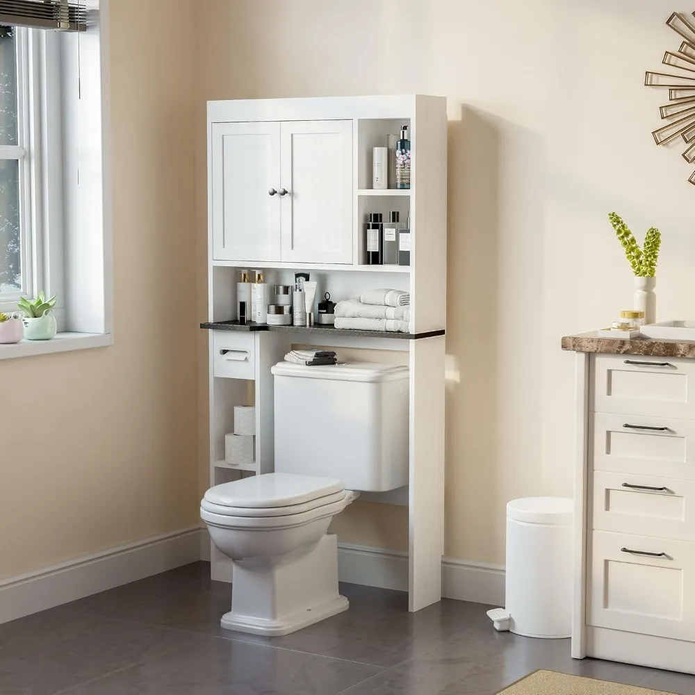 

Over The Toilet Storage Cabinet with 7 Shelves White Bathroom Organizer Space Saver with Toilet Paper Holder Stand
