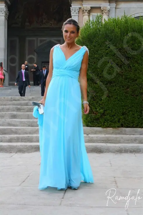 Customized Light Blue Wrap-Front Chiffon Dress with Flutter Sleeves and Cinched Waist for Wedding Guest or Summer Evening Event