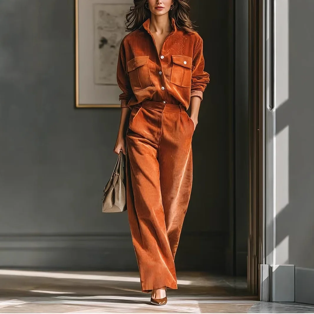 Conjunto de camisa y pantalones de pana para mujer, con cuello de solapa, botones, manga larga y pantalones de pierna ancha, ideal para un atuendo informal de otoño.