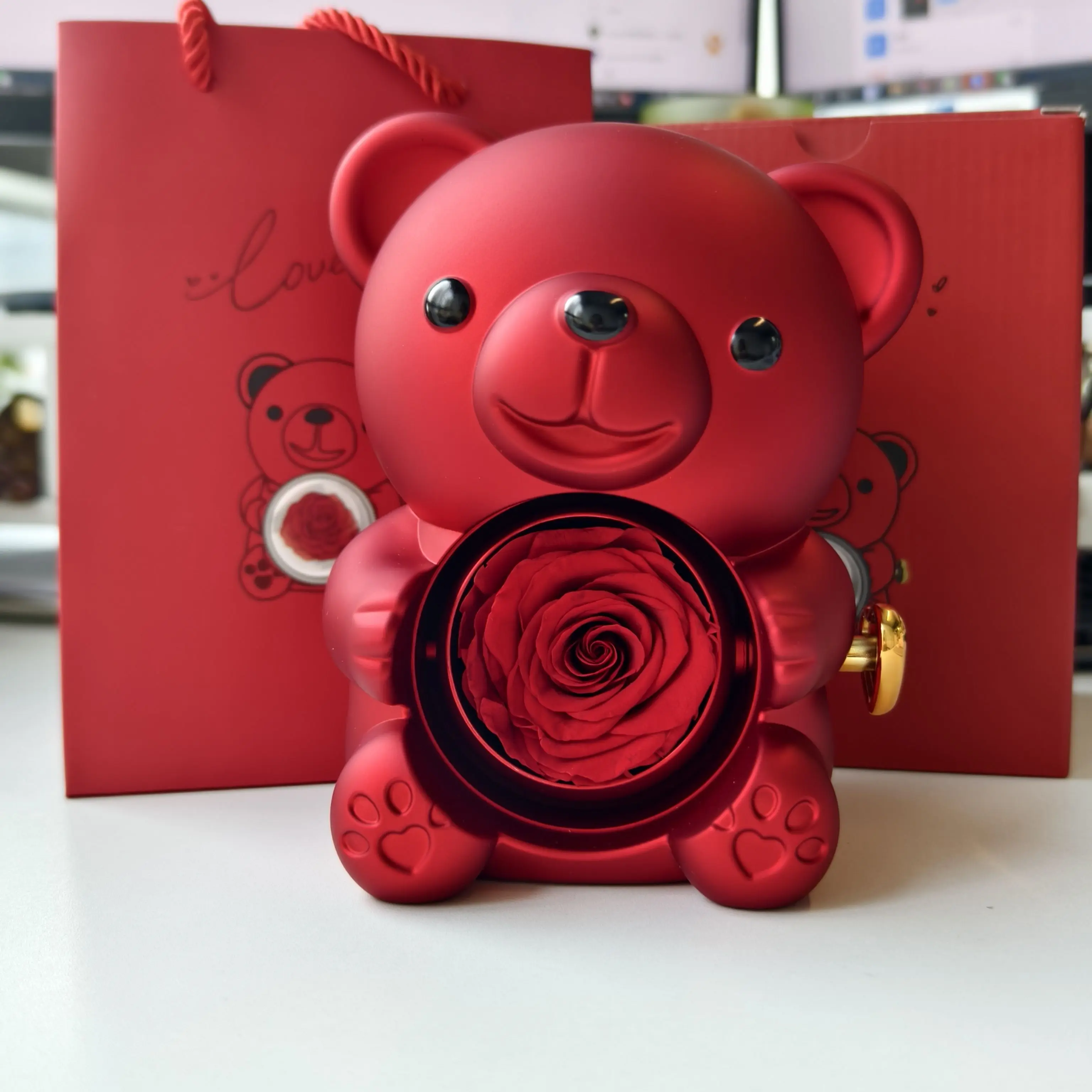 Teddy Bear Gift Box-Rotating Eternal Rose Box with Necklace for Wedding Custom Name Necklace Jewelry For Women Gift Girlfriend