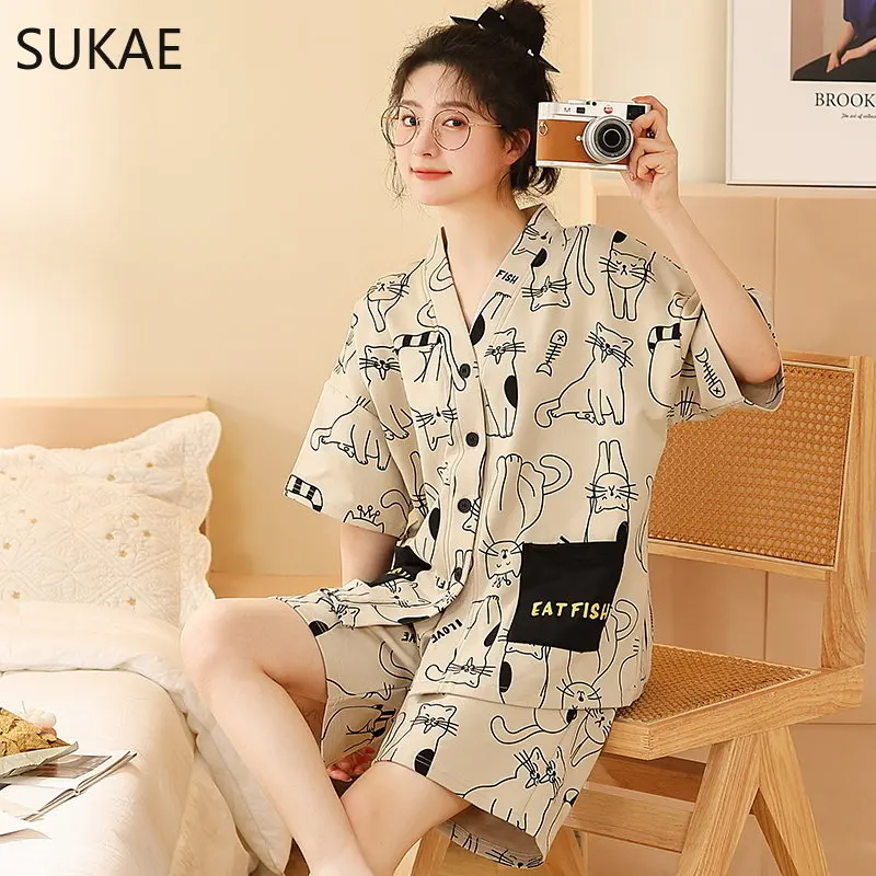 SUKAE M-5XL Japanese Kimono Style Sleepwear Womens Cardigan Summer Shorts Cotton Homsuits Lady 2 Pieces V-neck Lounge Nightwear