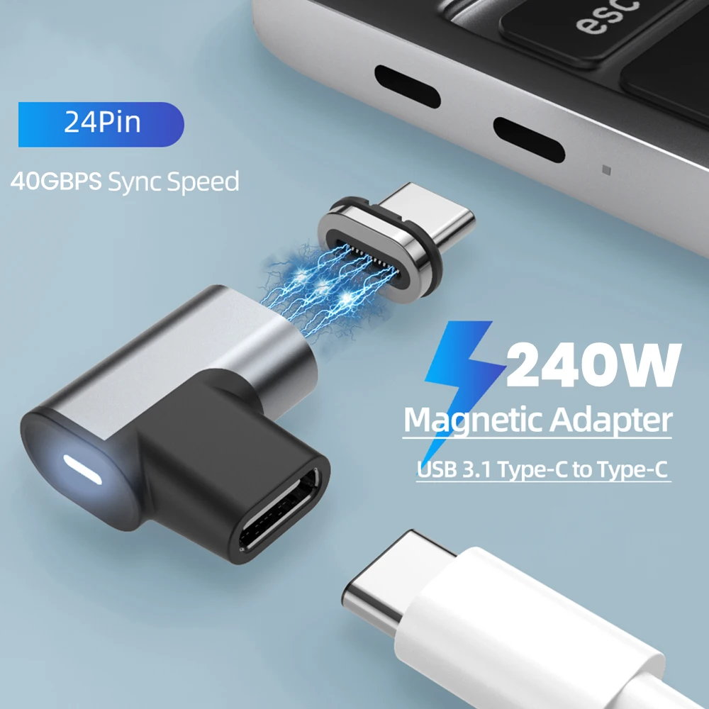 Elough 240W Type C  Female to Type C Male Magnetic Adapter 90 Degree Elbow 24 Pin 40Gbps Connector USB3.1 8K for Laptop Tablet