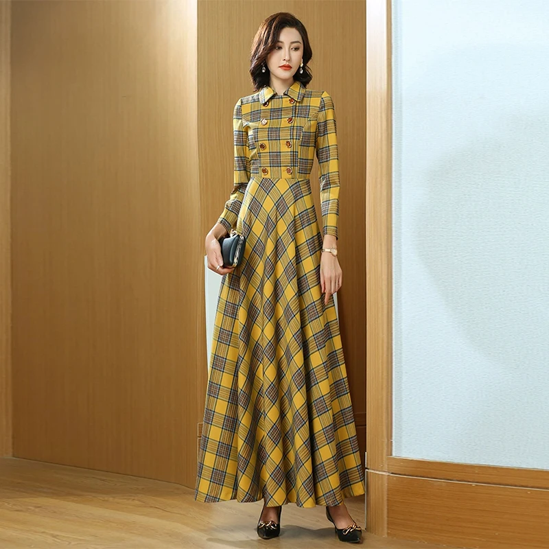 

2026 Spring/Autumn Yellow Plaid Maxi Dress - Elegant High-End A-Line Floor-Length Skirt, Slim-Fit Banquet Style Gown