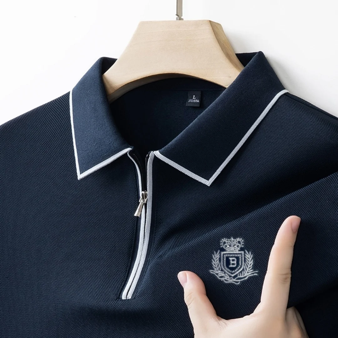 Designer Frühling Herbst Neues Produkt Herren Langarm-Poloshirt mit Reißverschluss vorne und Weißer Zierborte Stickerei Modisches T-Shirt Herrenmode
