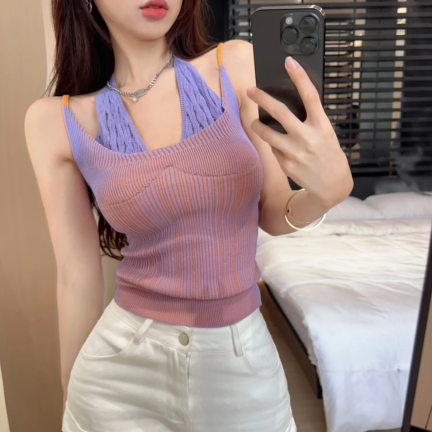 

MODX-Two-Piece Camisole Vest for Female New Beauty Back Inner Wear Outside Wear Color Collision Sleeveless Tops Summer NEWS