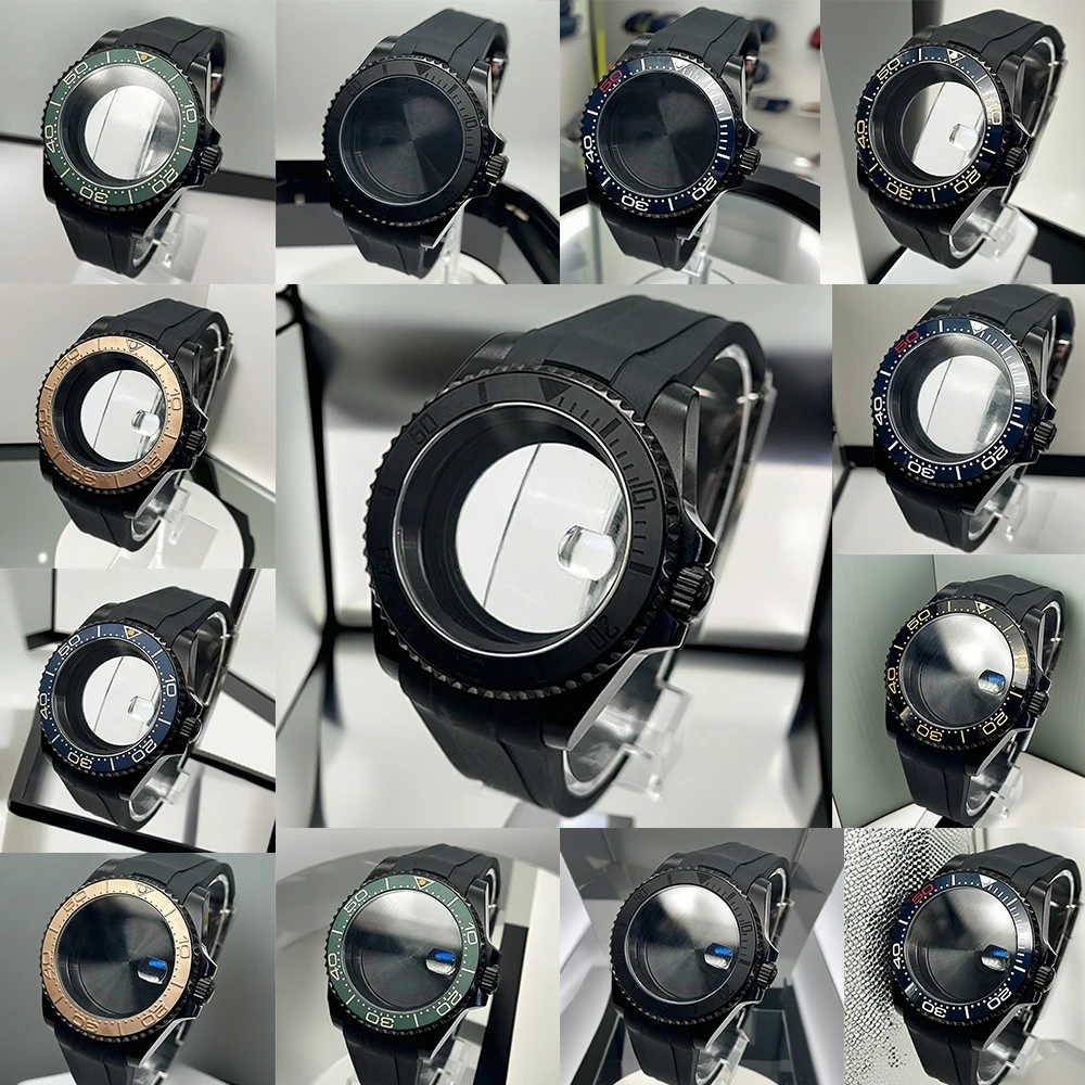 

Rubber Sapphire Glass Bracelet 40mm Black PVD NH35 Watch Cases for NH34 NH35 NH36 Movement 28.5mm Dial Case
