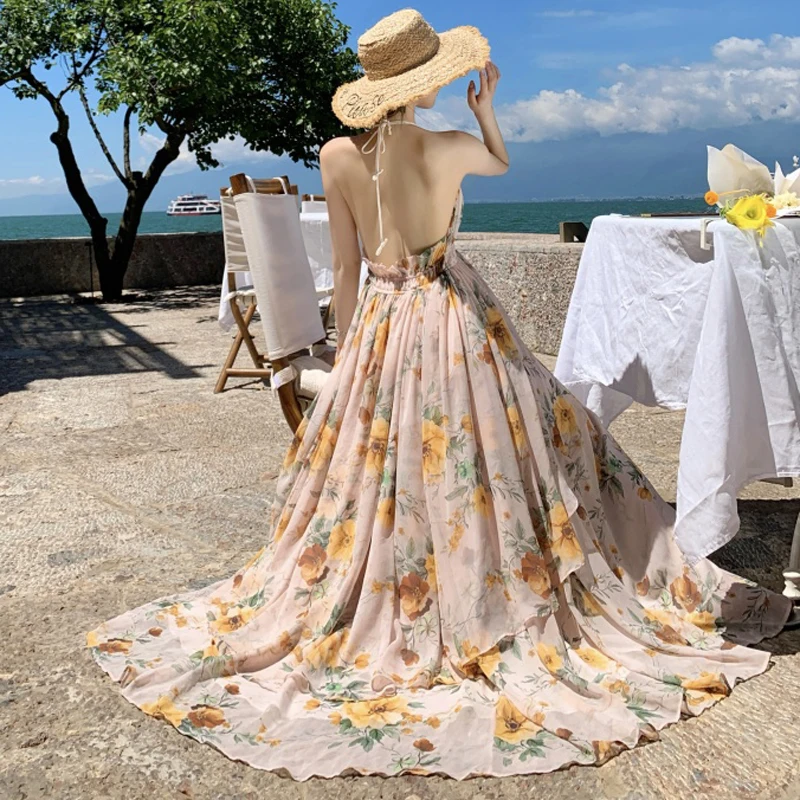 2025 여름 우아한 패션 보헤미안 플로럴 프린트 쉬폰 롱 드레스 여성 섹시 V넥 백리스 캐주얼 휴가 비치 드레스