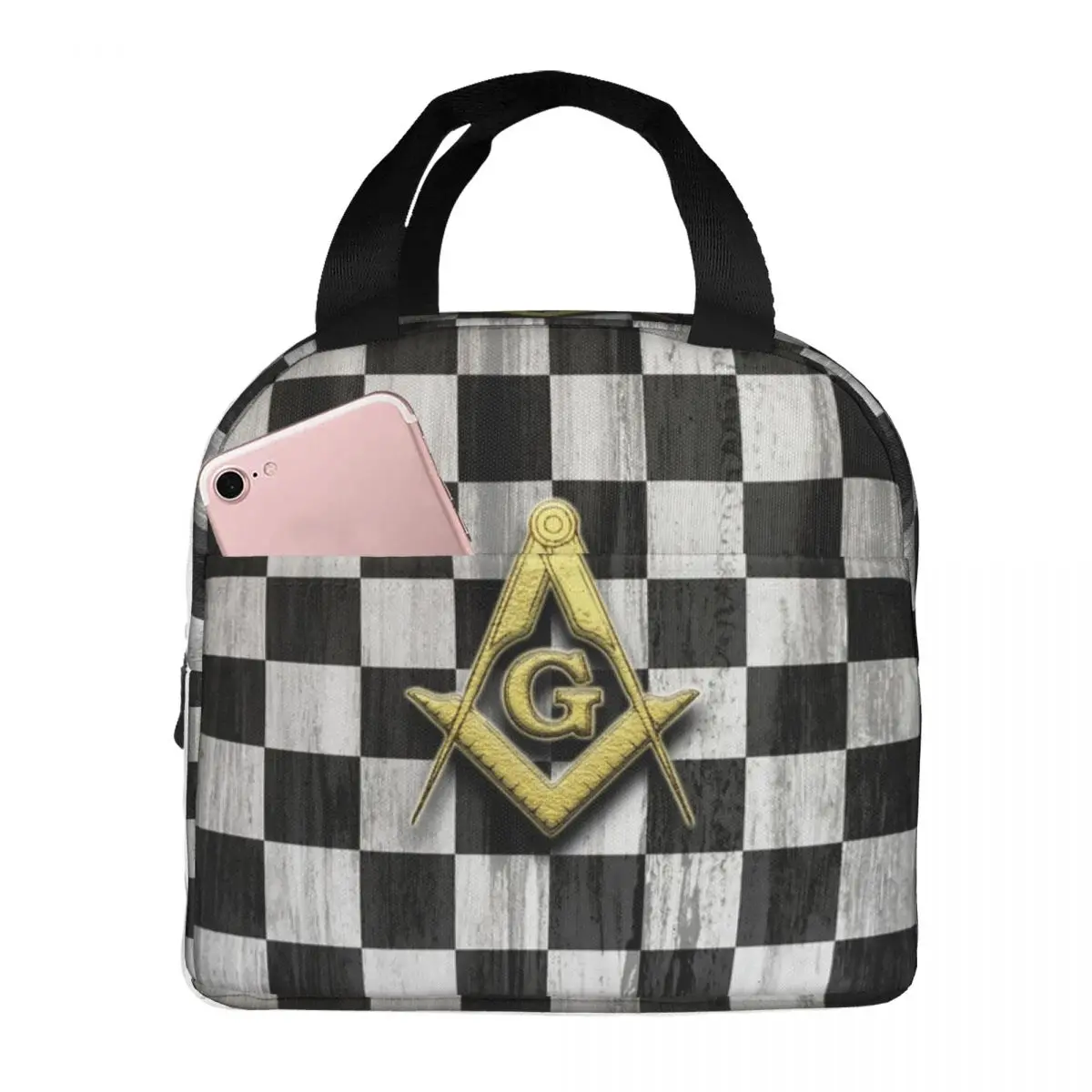 Square Compass And Checkers Insulated Lunch Tote Bag for Women Masonic Freemason Resuable Cooler Thermal Food Lunch Box