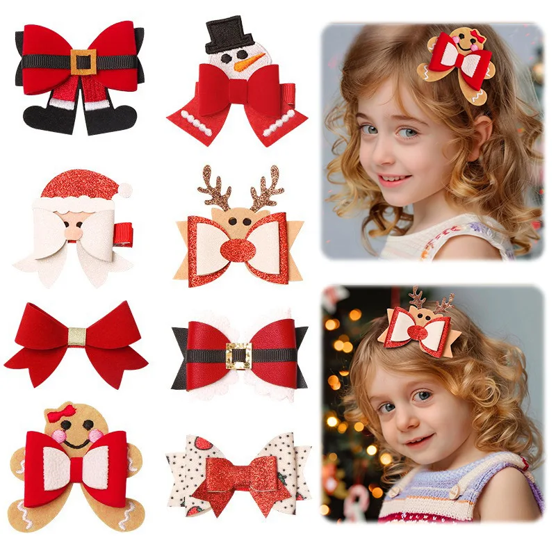 

2025 Kids Christmas Hair Clips - Red Santa Snowman Reindeer Bow Pins for Girls Party Gift