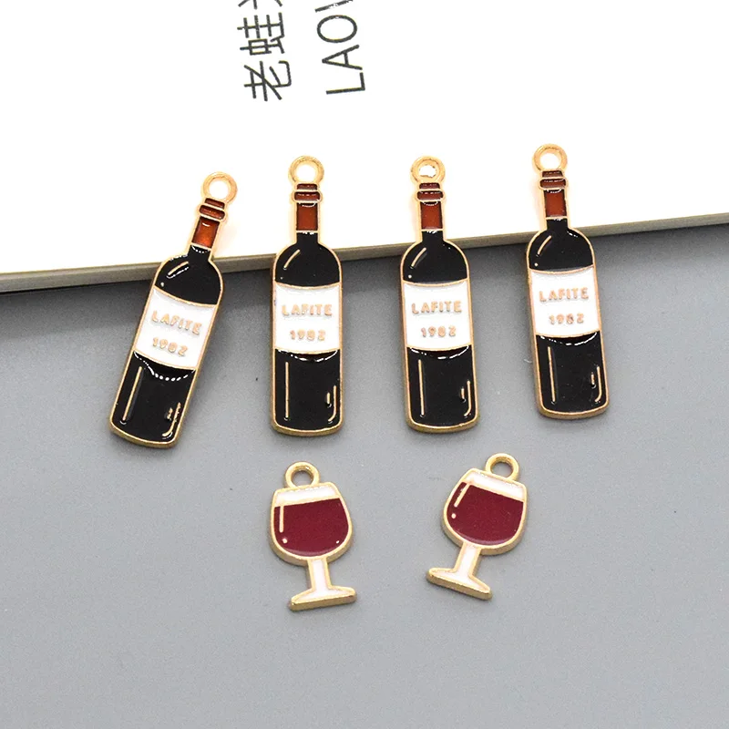 10pcs Mini Wine Glass Bottle Alloy Enamel Charms Popular Earring Bracelet Pendant Accessory DIY Drink Party Jewelry Making