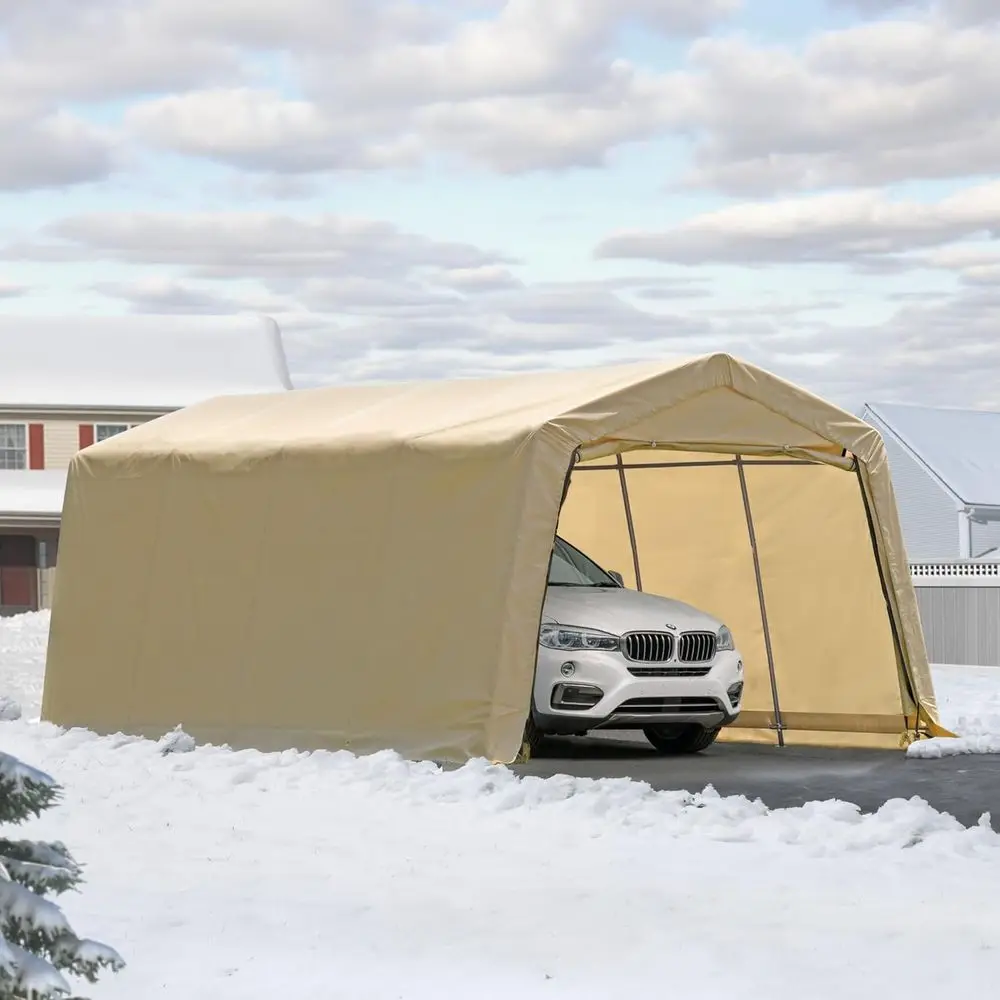 

20ft x 10ft All-Season Heavy-Duty Carport with Steel Frame, Waterproof UV Cover, and Zippered Door for Cars, Trucks, SUVs - Beig