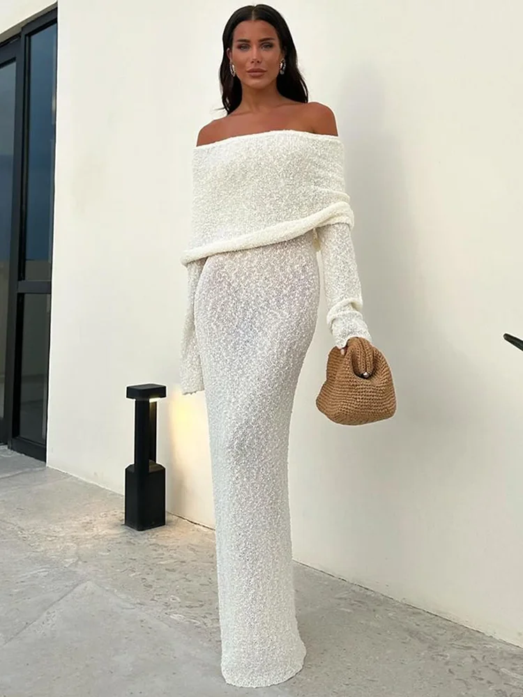 Mozision Hollow Out Strapless Knit Sexy Maxi Dress For Women Off-shoulder Backless Long Sleeve Beach Holiday Long Dress