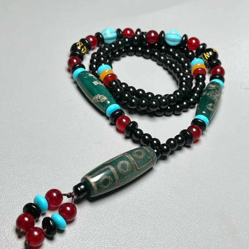 

Vintage Agate Tibetan Style Natural Nine-Eyed Chalcedony Three-Nine Dzi Bead Pendant Necklace Specifications:14/40mm