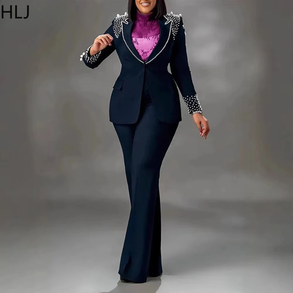 HLJ Elegant Lady Pearls Blazer Two Piece Sets Women V Neck Long Sleeve Slim Top And Pencil Pants Outfits Casual OL Clothing