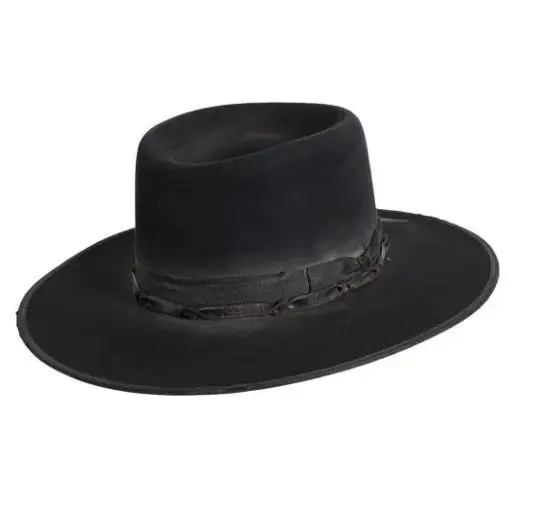 Cross-border selling pork pie top wool felt hat solid color wool felt hat ribbon decoration pure wool felt hat