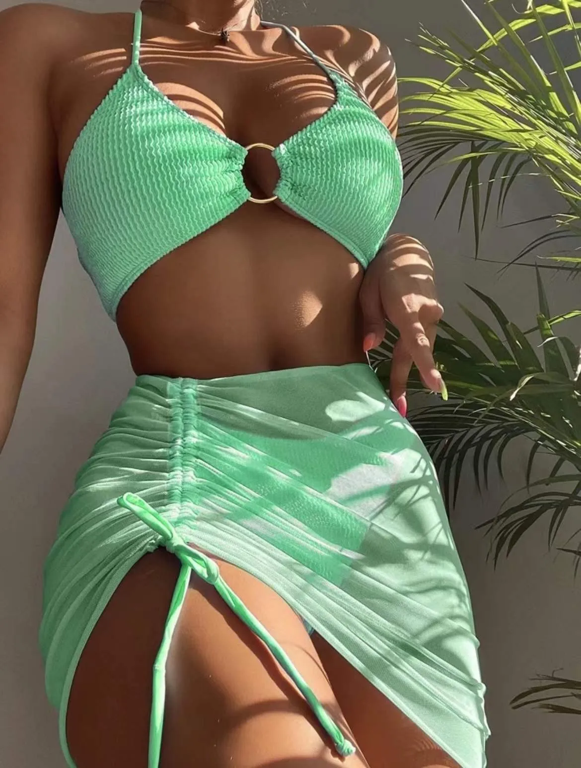 Steel ring bikini pop-up three-piece separates bikini2024 ruched ladies swimming costume