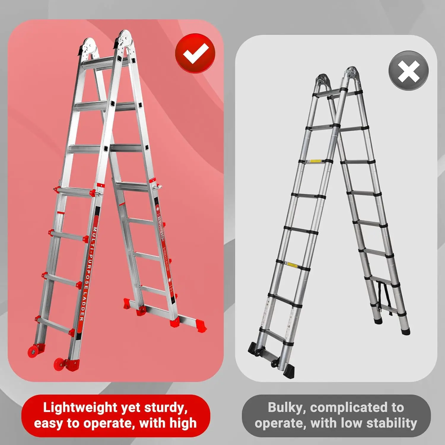 Ladder A Frame 4 Step Telescoping Ladder with Stabilizer Bar & Wheels, Heavy Duty Capacity,Collapsible Multi Position Ladder