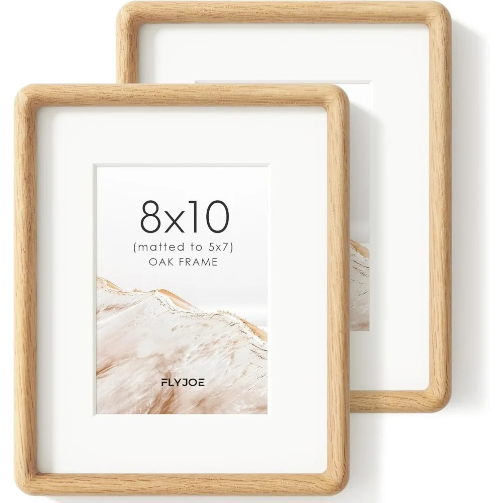 

Set of Two 8x10 Solid Oak Photo Frames with Tempered Glass Rounded Corners Mat for 5x7 Wall or Tabletop Display