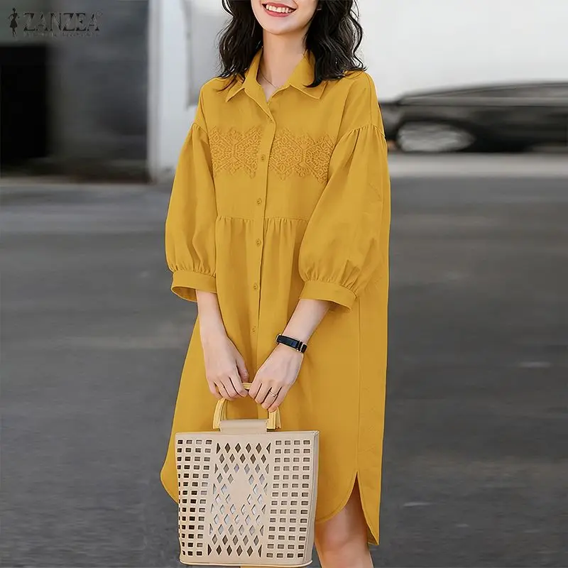 

ZANZEA Women's Lace Patchwork Knee-Length Shirt Dress 3/4 Lantern Sleeves Collared Button Up Dresses Casual Loose Robes Femme