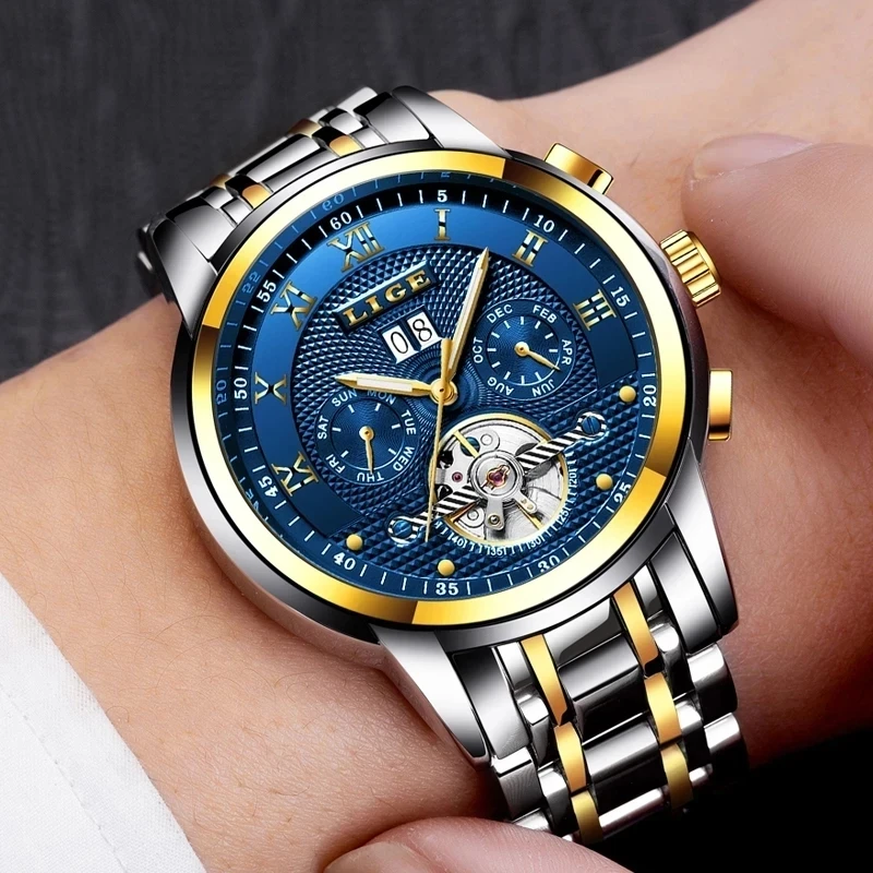 LIGE Automatic Men Watch Mechanical Watches Tourbillon Watches For Men Luminous Calendar Watches Waterproof Business Wristwatch