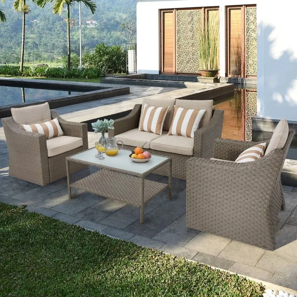 Outdoor Patio Furniture Set 7-Piece Wicker Conversation Furniture Set Patio Lounge Chairs with Ottoman & Loveseat