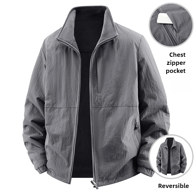 

New Spring and Autumn Men's Double-sided Jacket, Outdoor Casual Stand-up Collar Jacket, Fashionable Loose Plus-size Jacket Top