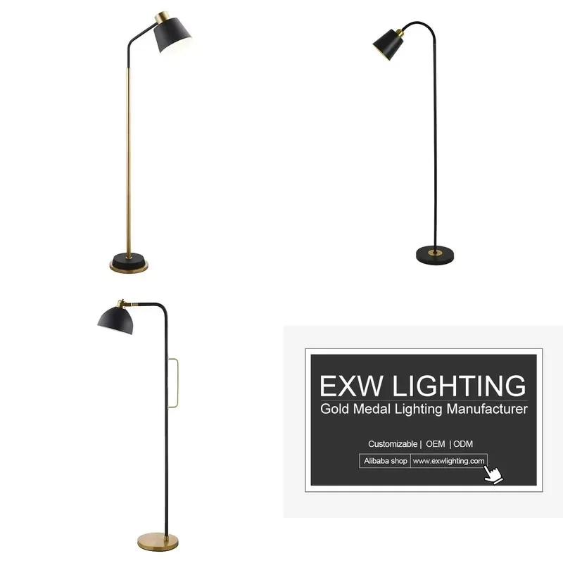 Modern Black Brass Floor Lamp Corner Vertical Standing Light Heavy Duty Metal Base Bedside Reading Lamp for Living Room