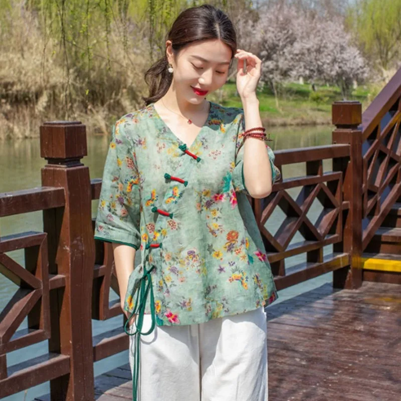 Vintage Cotton Linen Floral Print V Neck Shirt Chinese Style Traditional Female Hanfu Blouse National Loose Women Tops Tang Suit