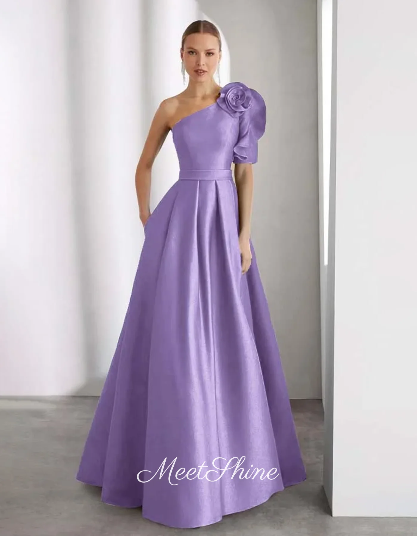 Vestidos de Noche acampanados de un hombro, color azul moderno, flor 3D de alta calidad con bolsillo, vestido Formal de satén para fiesta de boda personalizado